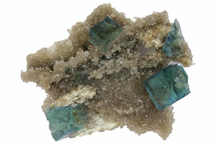 Cubic, Blue-Green Fluorite Crystals on Quartz - China #128572
